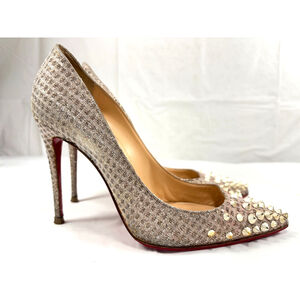 Christian Louboutin Ivory Tweed Studded Pointed-Toe Pumps with Red Soles
